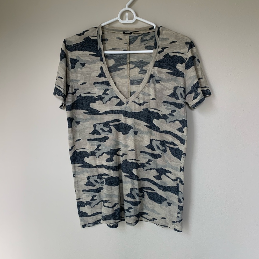 Monrow Gray Camo V-Neck Tee
